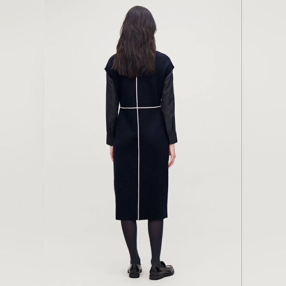 Cos navy wool blend midi dress grey contrast piping trim size M